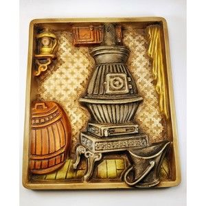 Vintage Chalkware Plaster Wall Plaque Pot Belly Stove Art